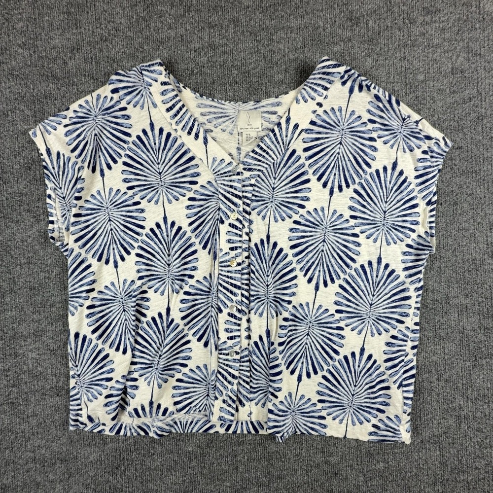 Joie Shirt Womens 3X Blue White Linen Blend Floral V Neck Cap Sleeve Button Top